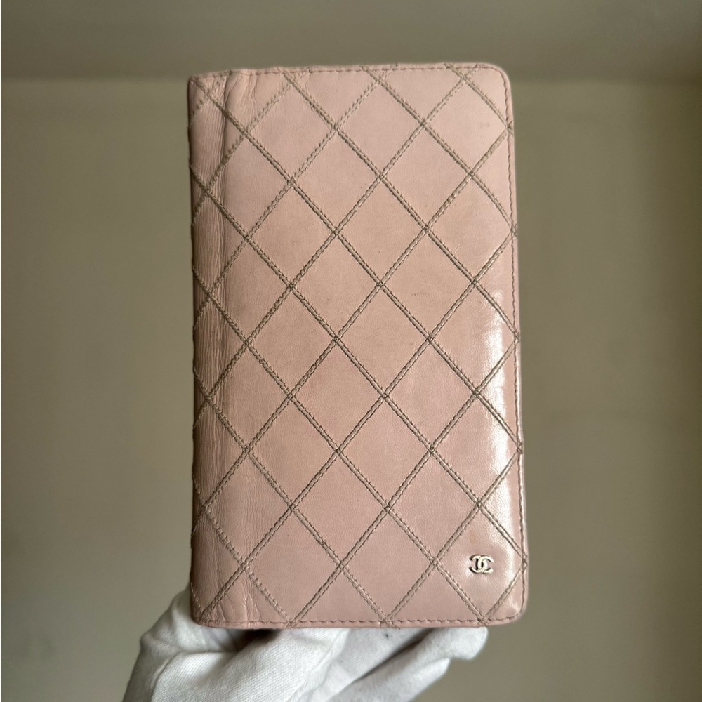 Chanel Pink Double Stitched Diamond Long Wallet